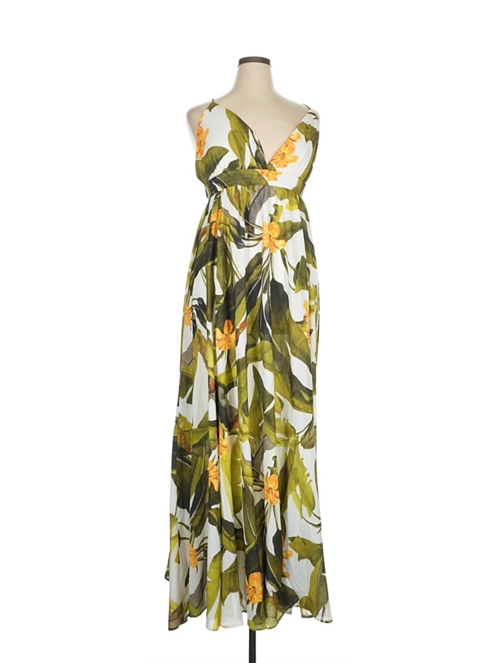 Fashion Nova NWOT Floral Green & White Maxi Dress with Yellow Accents